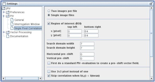settings-panel: PIV - Single Pixel Correlation.